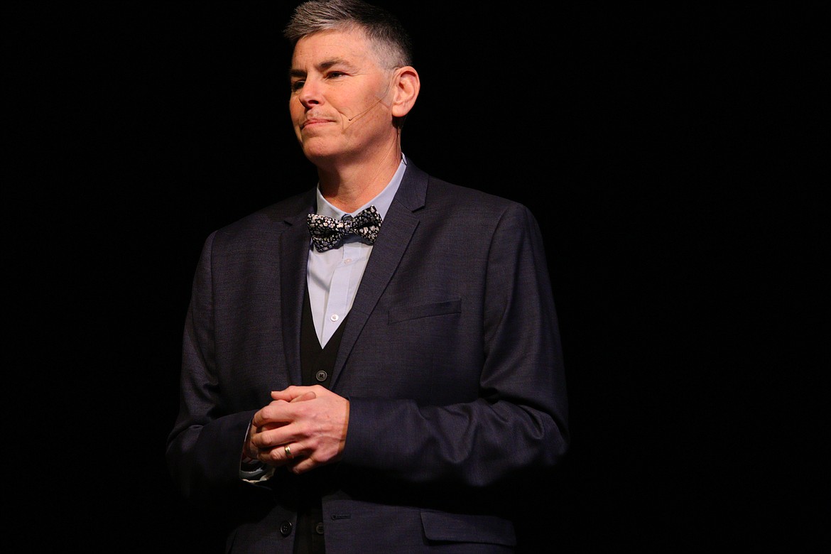 Julie Stratton urges the audience &quot;to take off your blinders and lean into one another with the intent of learning one another's stories&quot;. Stratton champions LGBTQ issues in north Idaho. (Photo Courtesy of Mark Michaelis/TEDx Coeur d'Alene)