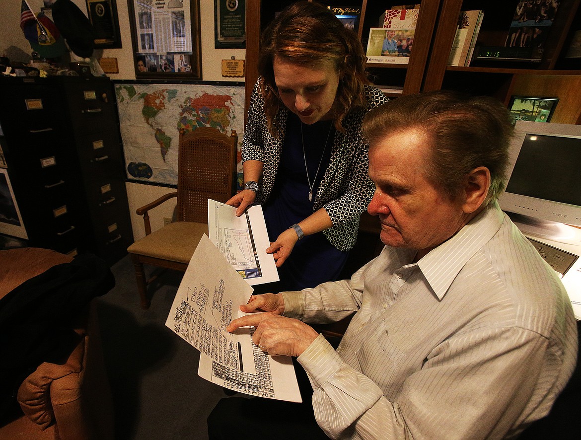 Climatologist Cliff Harris and Clark&#146;s Diamond Jewelers owner Jane Clark go over snow measurement totals in 2020.(LOREN BENOIT/Press file)