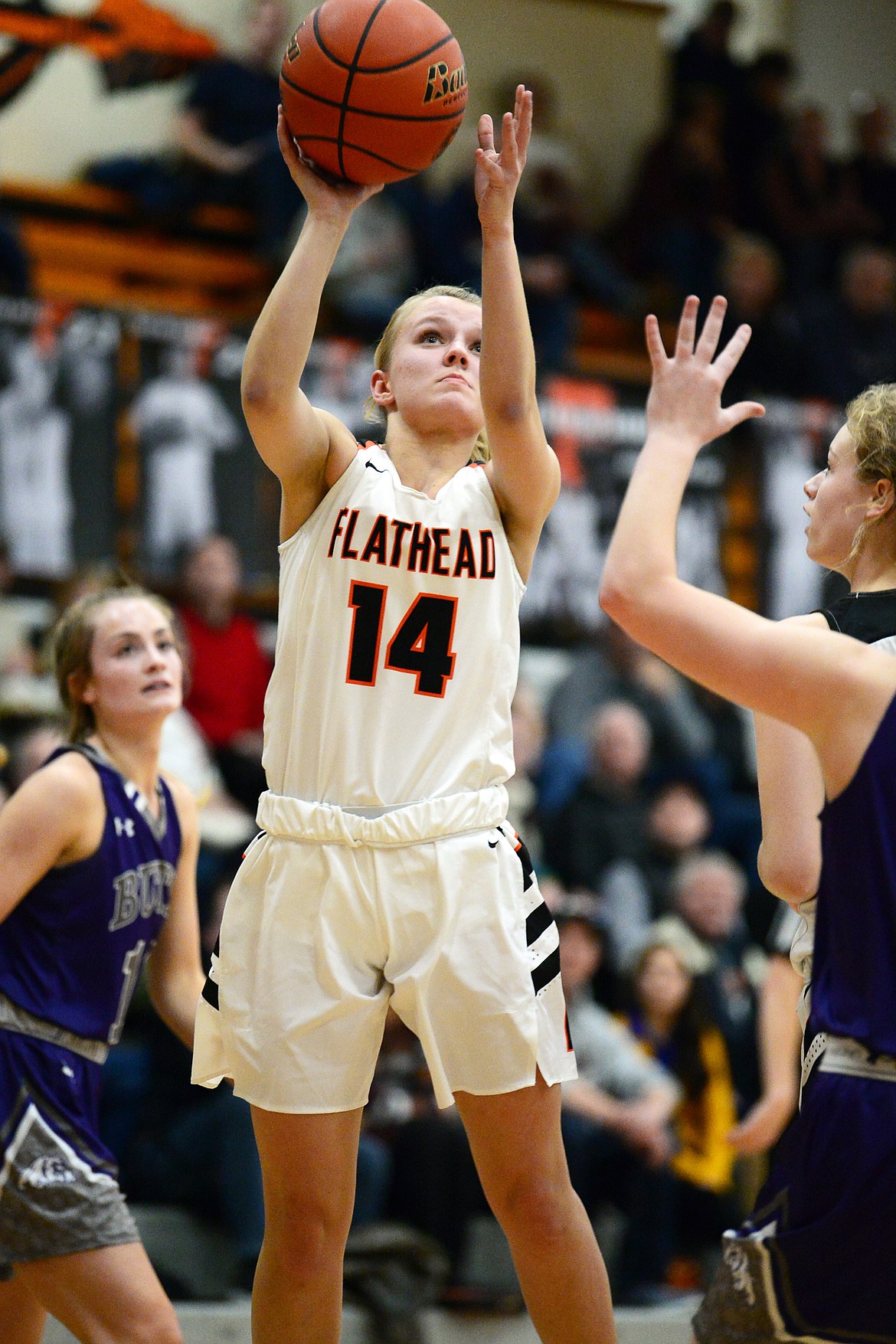 Flathead's Jenna Johnson (14) looks to shoot in the first half against Butte at Flathead High School on Friday. (Casey Kreider/Daily Inter Lake)