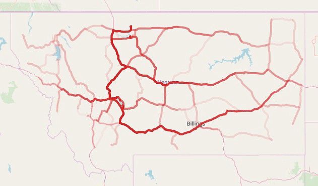 A sample rendering of Luke Ritzdorf&#146;s model results show boat travel routes to and from Canyon Ferry and Tiber reservoirs. &#147;More boats should travel over the redder areas of the map, so inspection stations placed there would be able to intercept and clean more boats, helping to prevent mussel spread,&#148; Ritzdorf said. Evidence of invasive mussel larvae was detected in Tiber Reservoir in 2016 &lt;a href=&quot;http://fwp.mt.gov/news/newsReleases/ais/nr_0090.html&quot;&gt;according to&lt;/a&gt; Montana Fish, Wildlife and Parks, and a three-year quarantine was put on Canyon Ferry due to a suspect sample, which may be lifted this year. (Rendering courtesy of Luke Ritzdorf)