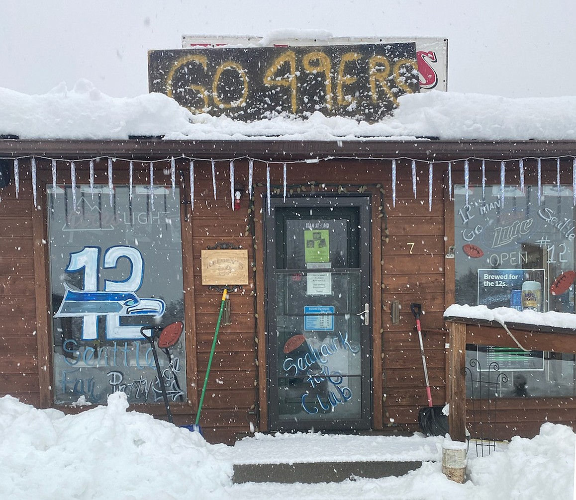 Football fans fighting cabin fever from the weekend storm cured their boredom by installing a makeshift sign at Kelsey&#146;s in Rathdrum. Management said they were so amused, they decided to keep the new sign up until the San Francisco 49ers either wins the Super Bowl or gets kicked out of the playoffs, whichever comes first. (Courtesy of Sheree Greenfield)