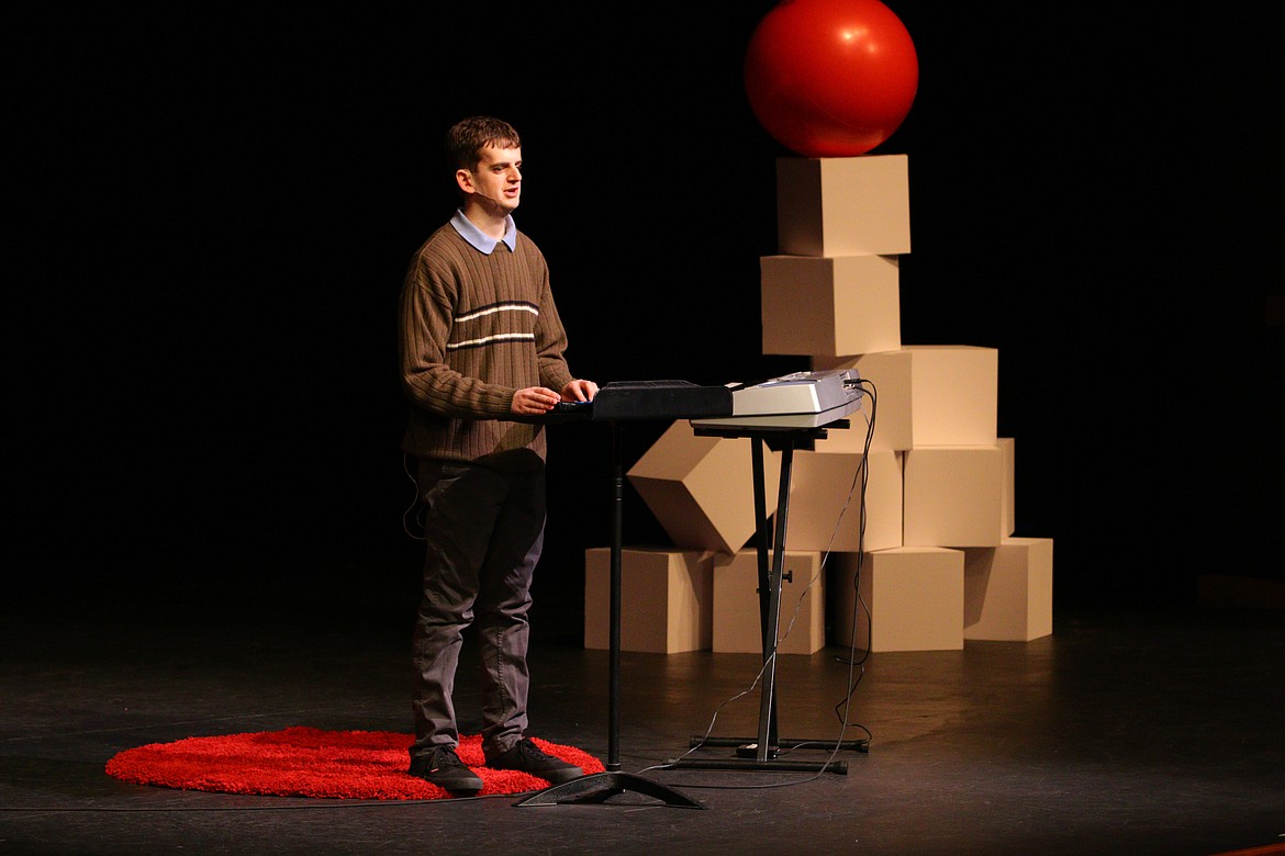 Piantist Seth Lowman explains how he composed a film score for SayRoar Studios in Coeur d'Alene. He played an excerpt from his composition for the TEDx audience Saturday. (Photo Courtesy of Mark Michaelis/TEDx Coeur d'Alene)