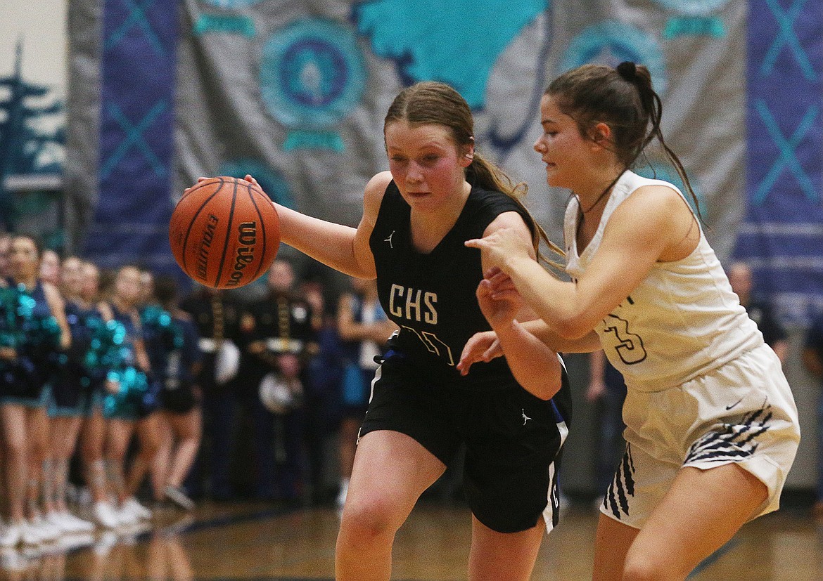 Coeur d&#146;Alene&#146;s Madi Symons drives on Lake City&#146;s Madi Chase.