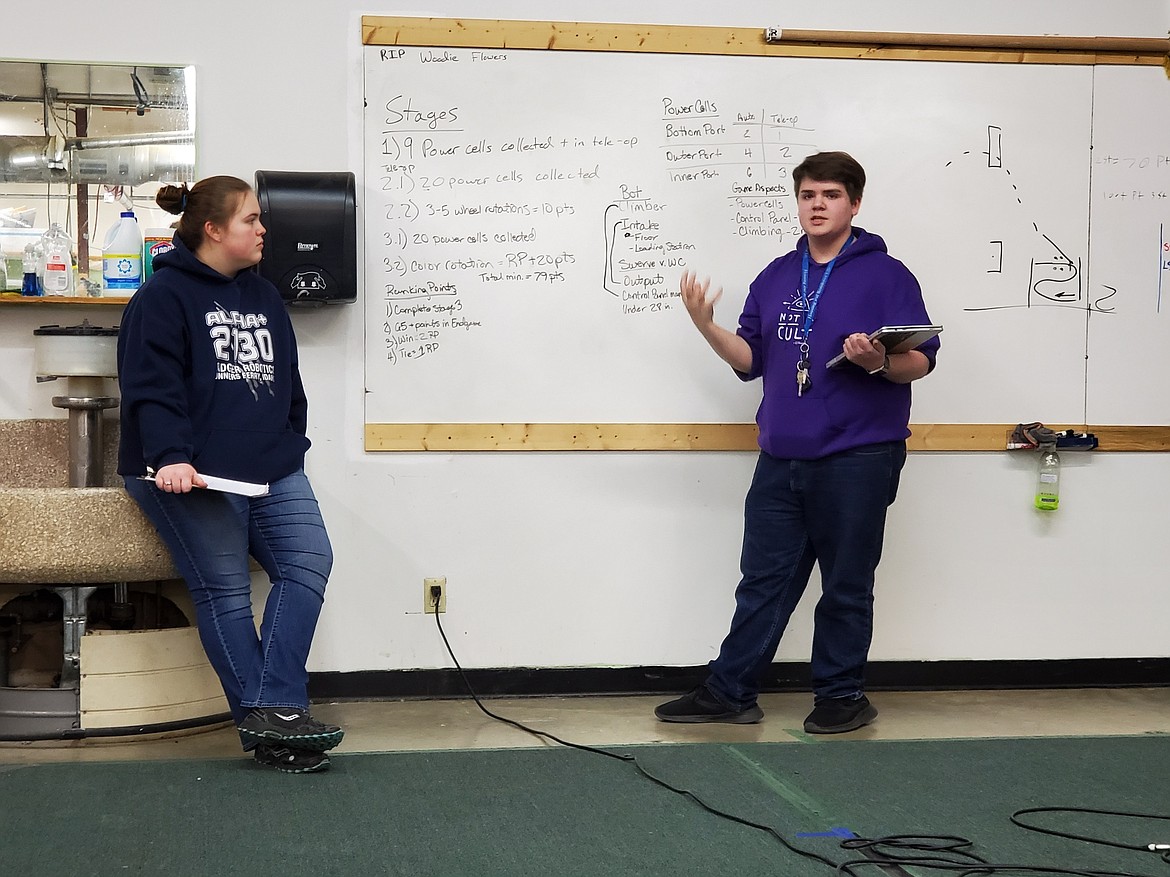 Regina Claphan and Clinten Hopkins discussing ideas for the upcoming season with the robotics team.