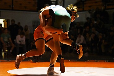 Flathead's Paxton Boyce wrestles Glacier's Thomas Crofts at 182 lbs. at Flathead High School on Friday. Boyce won by major decision. (Casey Kreider/Daily Inter Lake)
