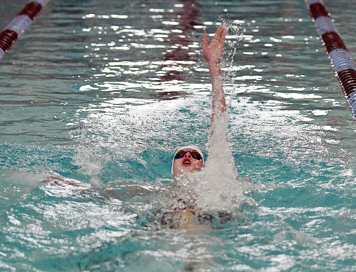 Conner Cheff swims the Boys 200 intermediate medley for Columbia Falls Saturday at the Cat Dog Invitational Saturday.