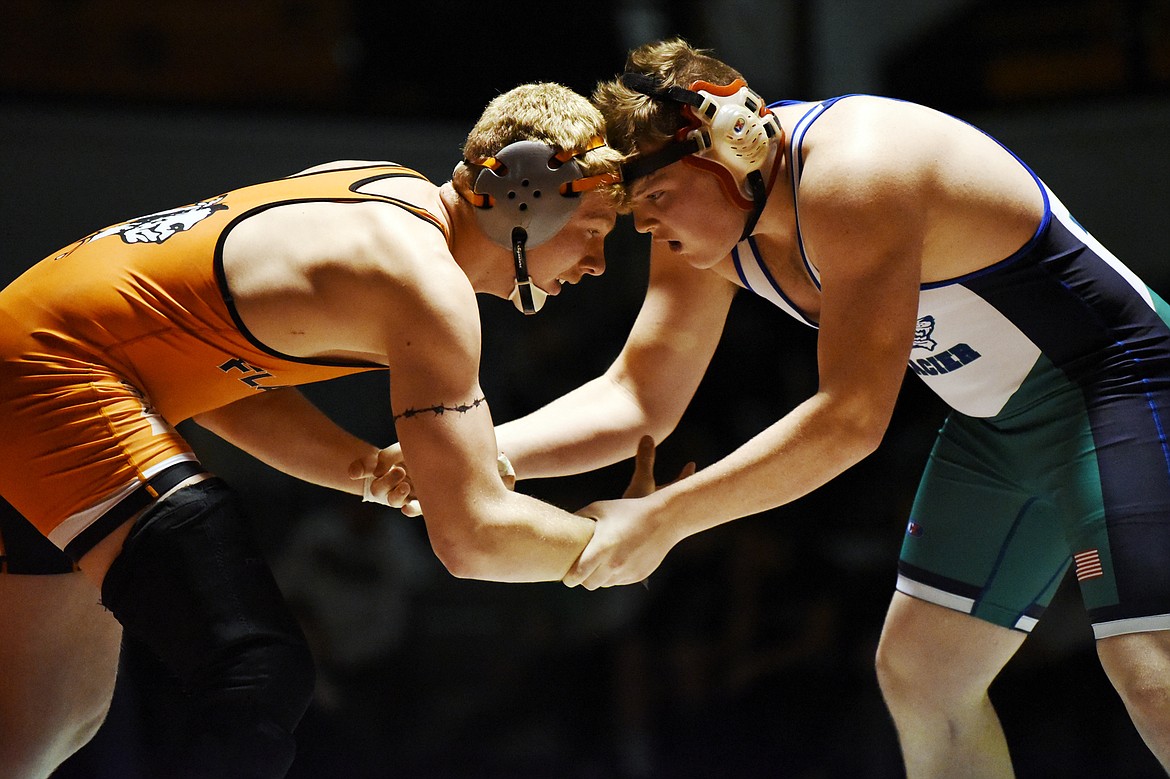 Flathead's Zaybin Stewart wrestles Glacier's Caedon Seymour at 205 lbs. at Flathead High School on Friday. Stewart won by pin. (Casey Kreider/Daily Inter Lake)