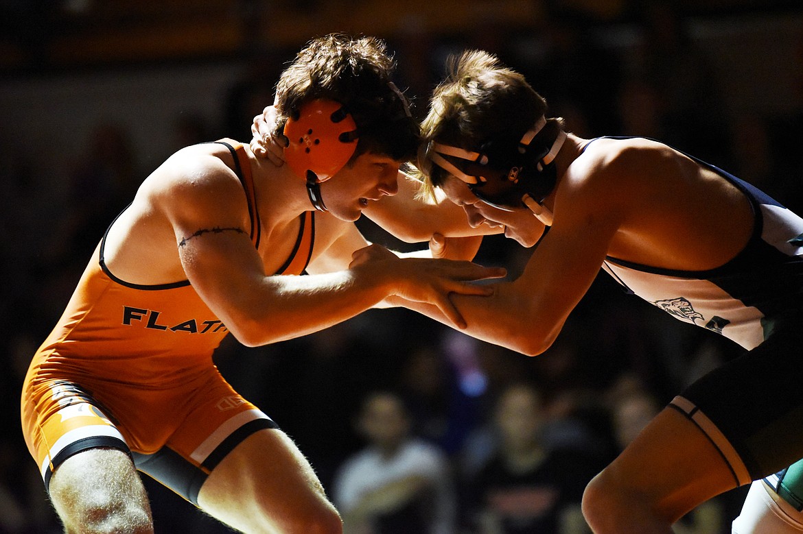 Flathead's Fin Nadeau wrestles Glacier's Brok Viau at 145 lbs. at Flathead High School on Friday. Nadeau won by pin. (Casey Kreider/Daily Inter Lake)