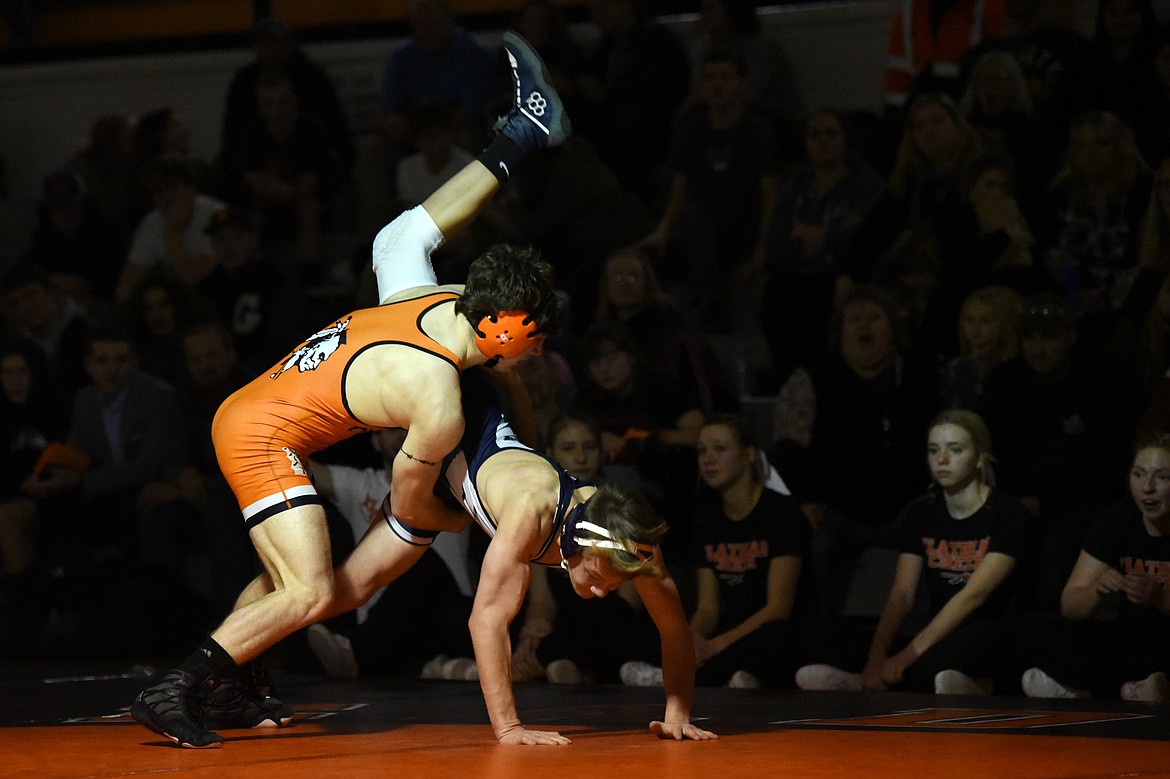 Flathead's Fin Nadeau wrestles Glacier's Brok Viau at 145 lbs. at Flathead High School on Friday. Nadeau won by pin. (Casey Kreider/Daily Inter Lake)