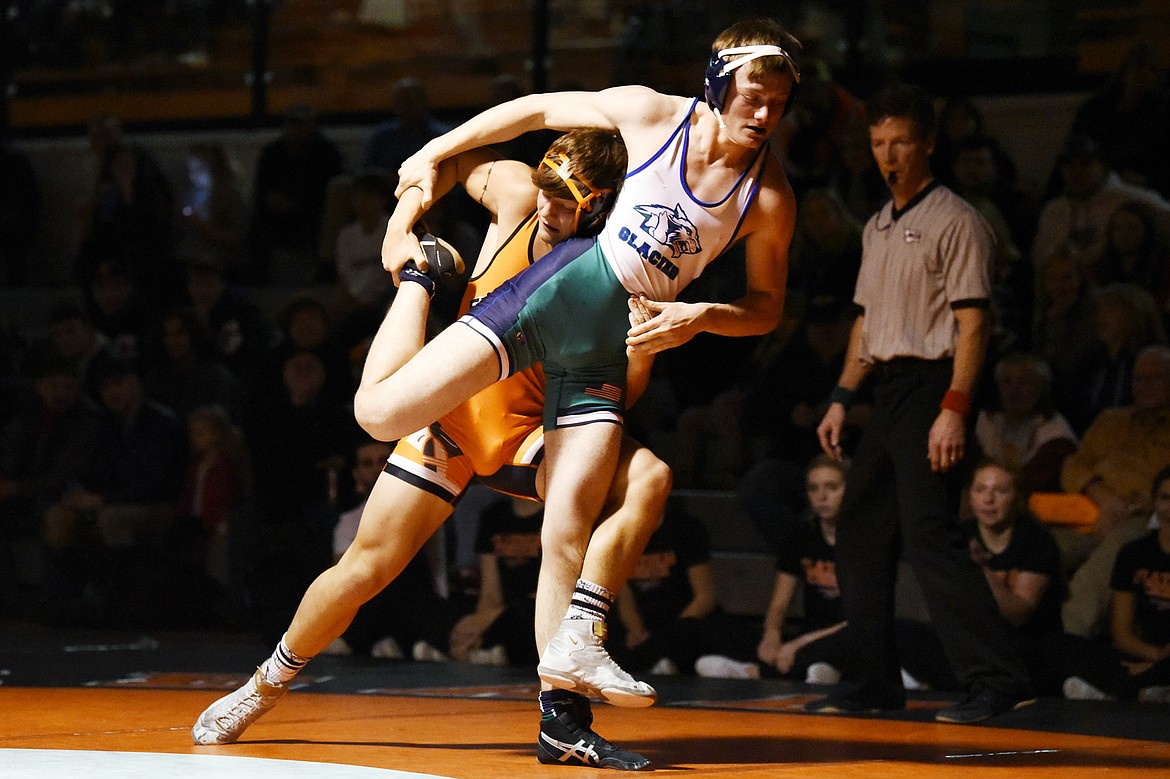 Flathead's Paxton Boyce wrestles Glacier's Thomas Crofts at 182 lbs. at Flathead High School on Friday. Boyce won by major decision. (Casey Kreider/Daily Inter Lake)