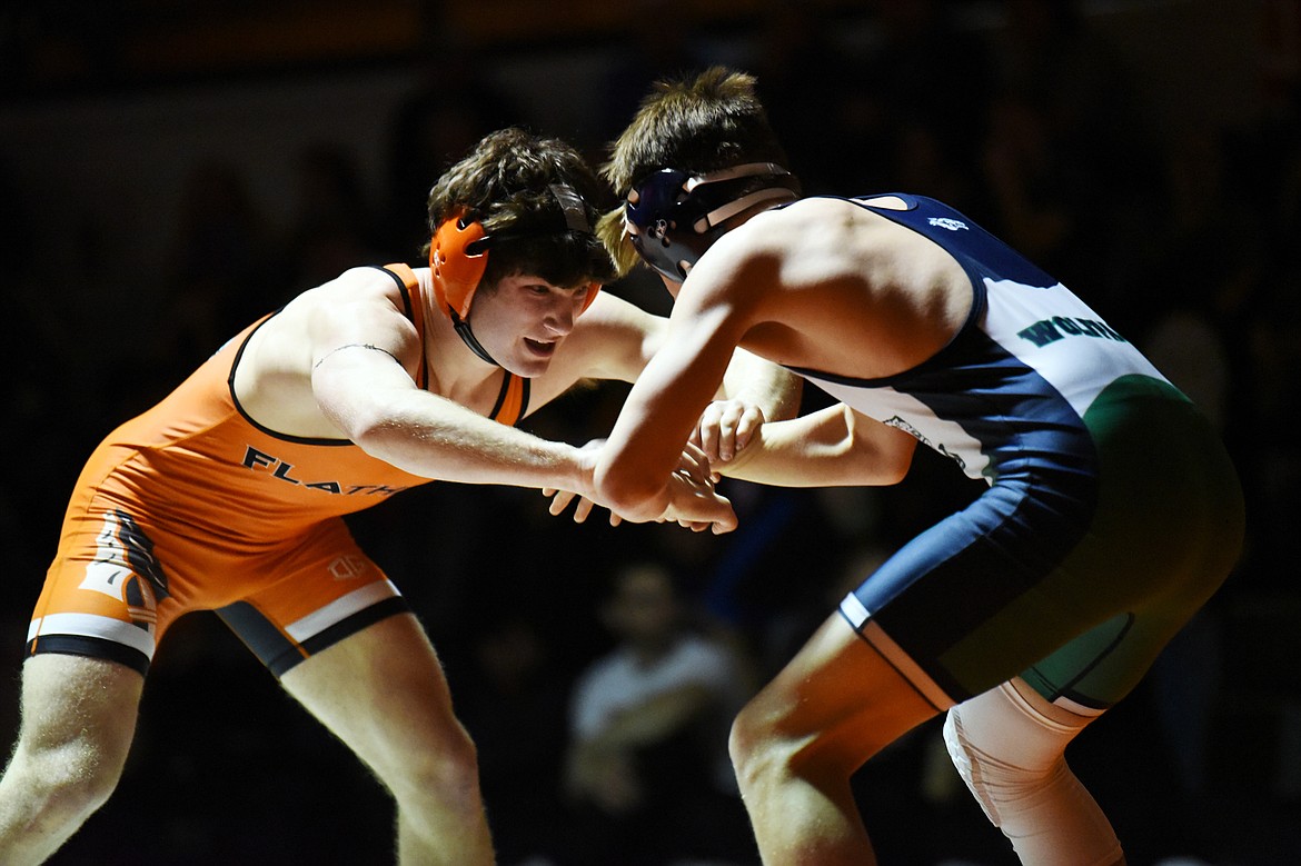 Flathead's Fin Nadeau wrestles Glacier's Brok Viau at 145 lbs. at Flathead High School on Friday. Nadeau won by pin. (Casey Kreider/Daily Inter Lake)