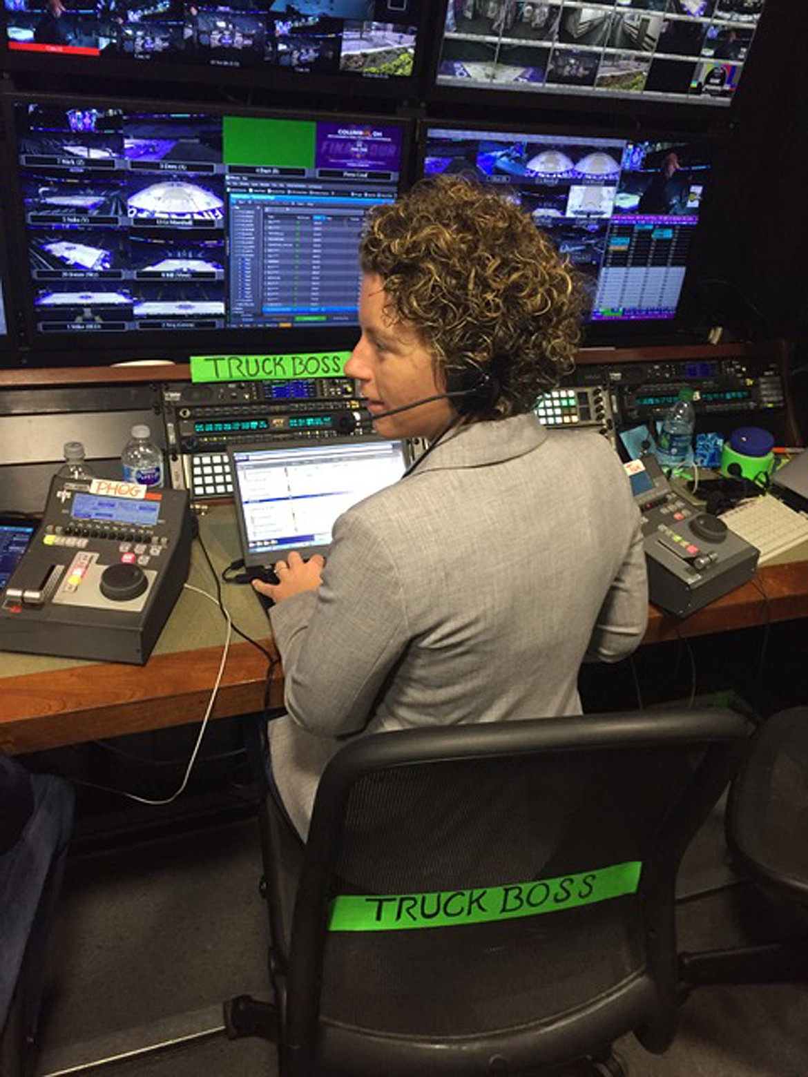 Emma Reed works from a production truck during an ESPN Monday Night Countdown show. Reed won an Emmy for her work with the sports broadcasting giant. (Courtesy photo)