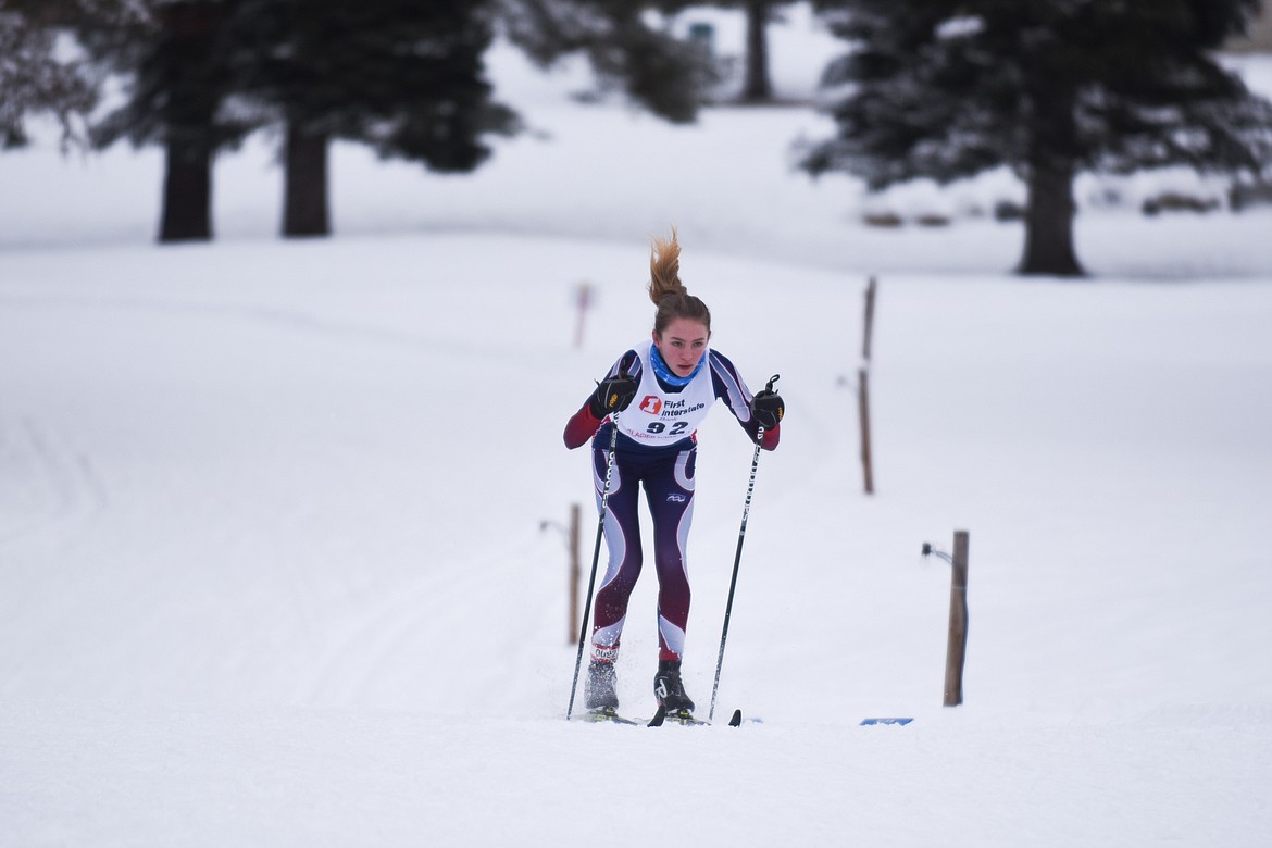 Maeve Ingelfinger nears the end of the 3K Classic during the Glacier Nordic Club&#146;s Glacier Glide &amp; Pursuit race on Saturday at Whitefish Lake Golf Club. (Daniel McKay/Whitefish Pilot)