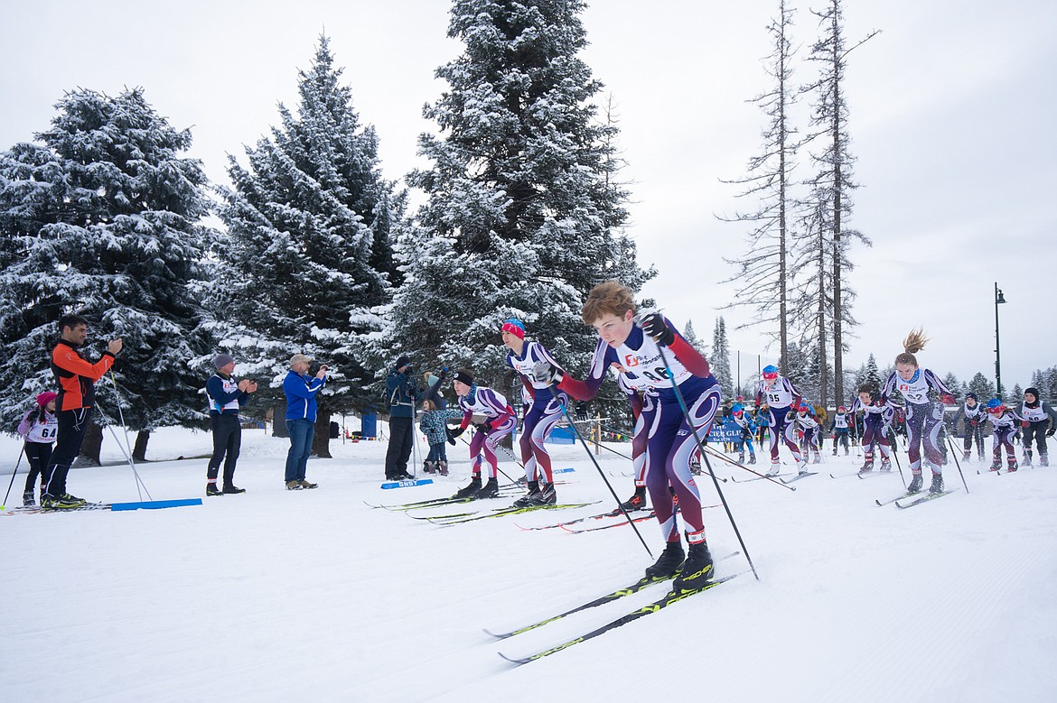 A pack of skiers get going in the 3K Classic during the Glacier Nordic Club&#146;s Glacier Glide &amp; Pursuit race on Saturday at Whitefish Lake Golf Club. (Daniel McKay/Whitefish Pilot)