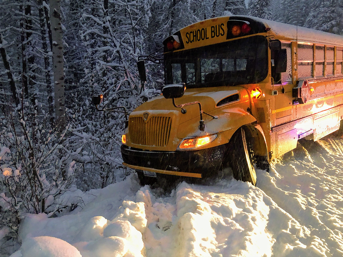 Courtesy photo
A front view of the school bus hanging off the hill. All occupants were evacuated safely and neither vehicle involved received major damage.