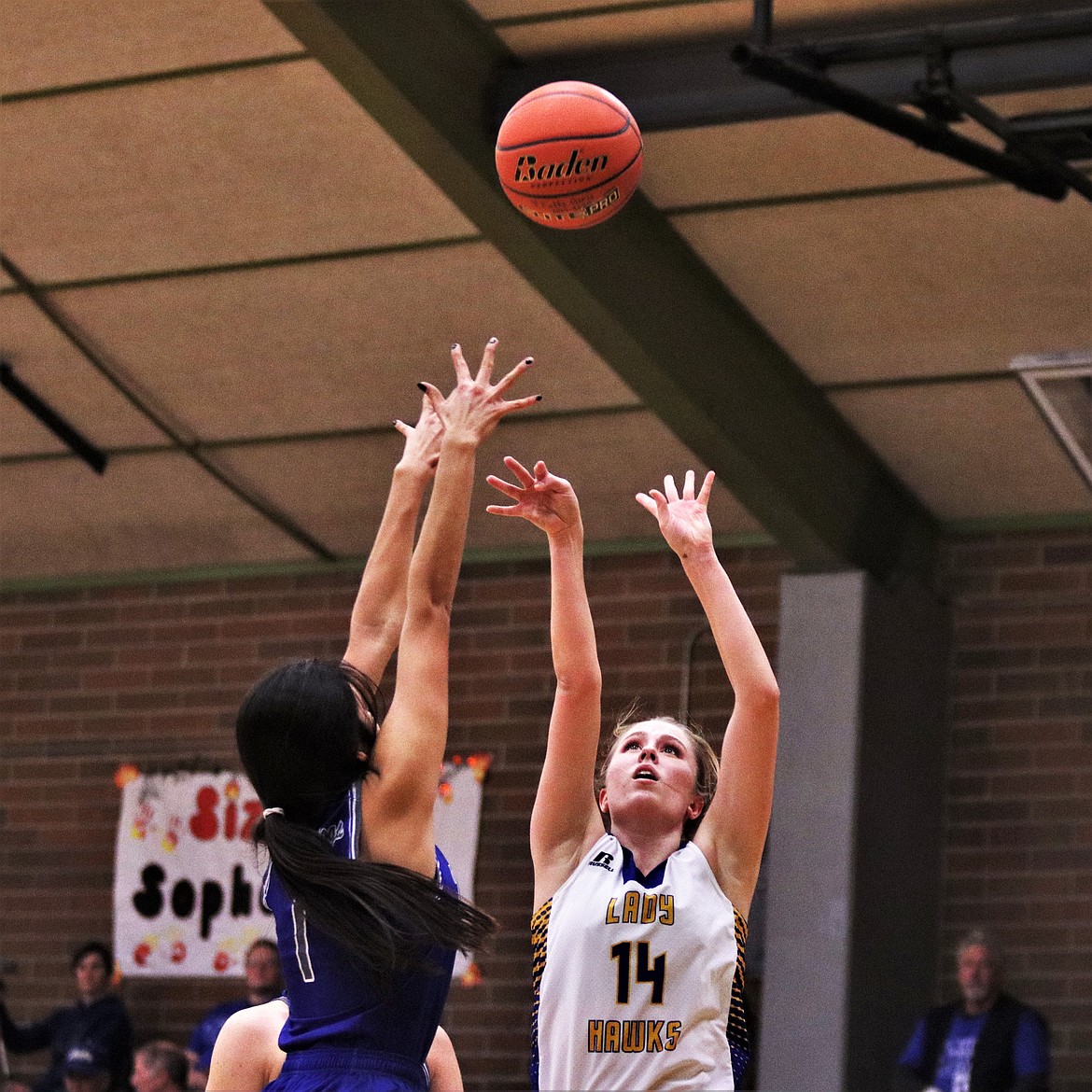 BELLE COOPER (14) taking a shot to score against Mission. (John Dowd/Clark Fork Valley Press)