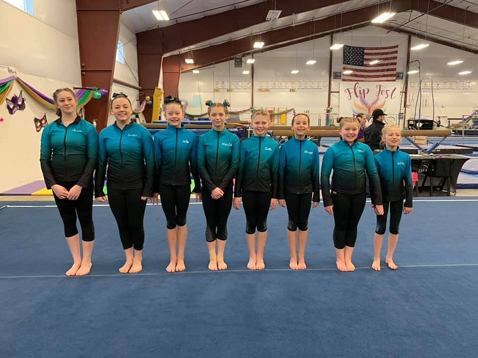 Courtesy photo
Technique Gymnastics Xcel Gold team at the Flip Festival Jan. 18-19 in Spokane, from left, Moriah Mosqueda, Mackenzie Wyant, Lola Jeanselme, Mikalah Shouse, Laila Gilbreath, Morgan Rossberg, Tatum Easterday and Libby Huffman.