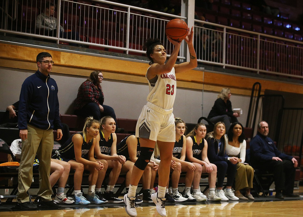 North Idaho College&#146;s Halle Eborall shoots a 3 against Community Colleges of Spokane on Wednesday.