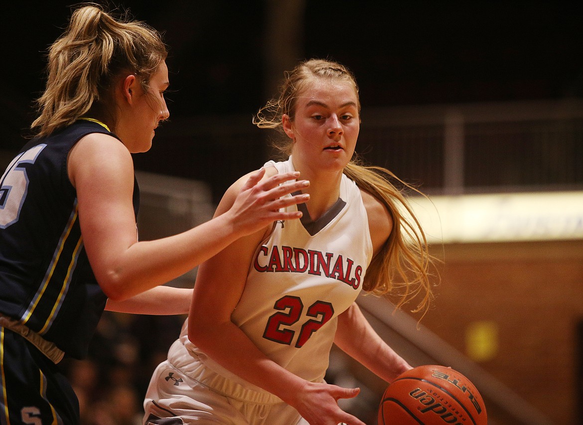 North Idaho College guard Anna Schrade dribbles the ball around Community Colleges of Spokane defender Tori Ivins.