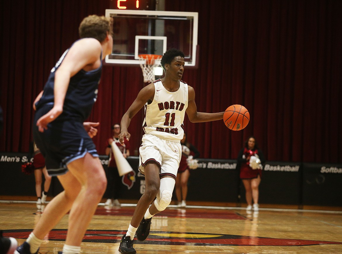 North Idaho College forward Yusuf Mohamed dribbles the ball near the top of the 3-point arc against Community Colleges of Spokane.