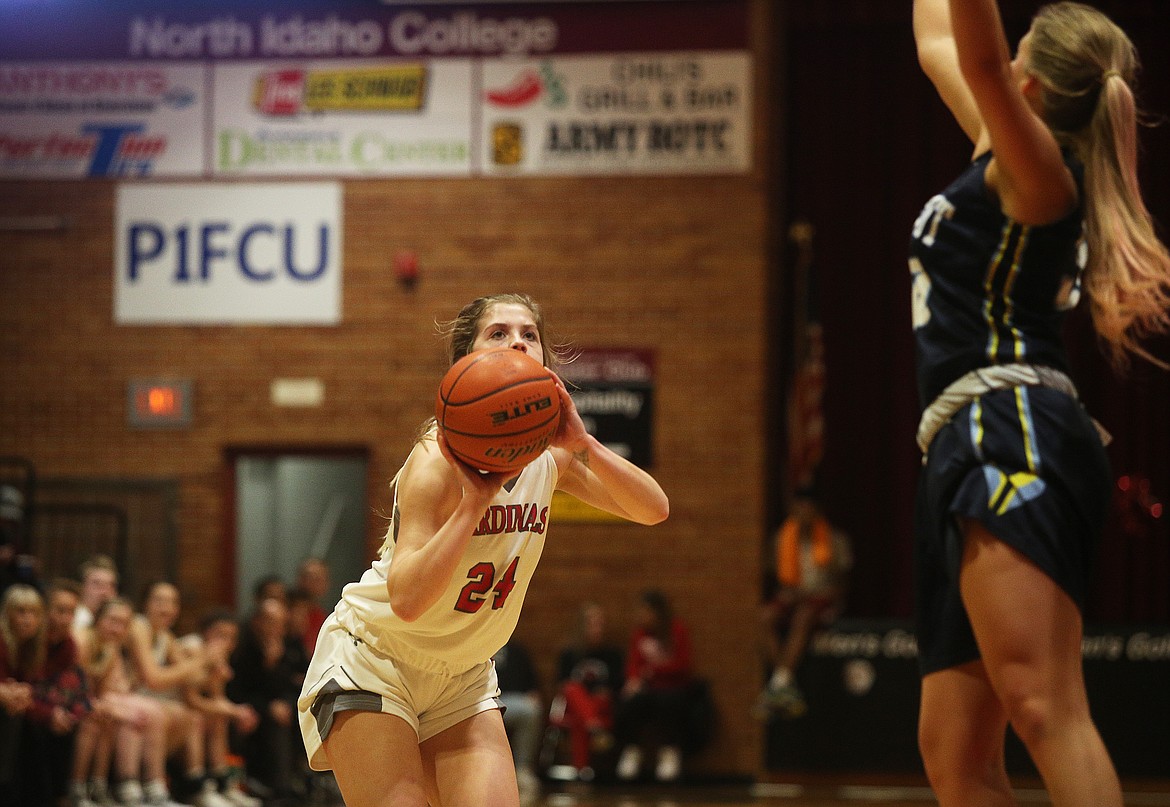 North Idaho College guard Alex Carton shoots a three pointer during Wednesday night&#146;s game against Community Colleges of Spokane. (LOREN BENOIT/Press)