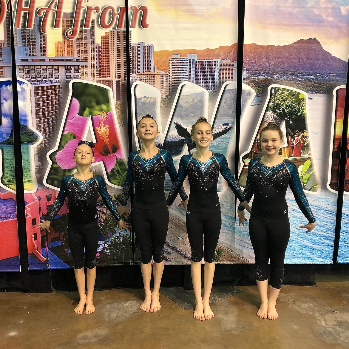 Courtesy photo
Technique Gymnastics from Hayden had four girls qualify to travel to Honolulu to compete in the 2020 Gymnastics in Paradise meet. The girls participated in a competition with international athletes all the way from Canada to New Zealand. The following are the medals the gymnasts received in the top 6 at the competition. Naomi Fritts placed 5th All Around, 3rd on Bars, 5th on Floor, and 6th on Vault. Dianna Bustillos placed 4th on Bars, and 4th on Beam, Cadence Wurster placed 4th on Bars, and Khloe Martin placed 6th AA, 4th on Bars, 4th on Beam, and 6th on Vault. From left are Cadence Wurster, Dianna Bustillos, Naomi Fritts and Khloe Martin.