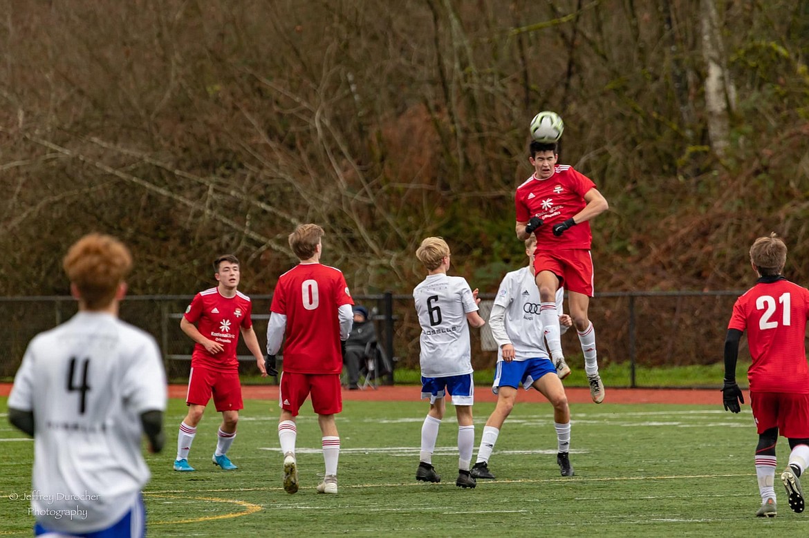 Photo by JEFF DUROCHER
Jackson Henkle of the Timbers North FC B02/03 Red soccer team heads the ball last weekend in Seattle at the Winter Classic.
On Saturday morning the Timbers played to a scoreless draw with the Sound FC B01A. Late that evening, the Timbers played at StarFire and defeated the Eugene Timbers Ajax Black, 2-0. Jackson Henkle and Devin Claflin each had one goal, Cooper Proctor one assist and Tyler Allred had the shutout in goal. Sunday morning, the Timbers won, 2-1.  Jackson Henkle headed the ball in from Jacob Janzen's corner kick, and Devin Claflin scored with an assist from Chris Swider for the Timbers. The Timbers fell short by one point of advancing to the semifinals. The Timbers travel to Las Vegas in March to compete in the Vegas Players Showcase.