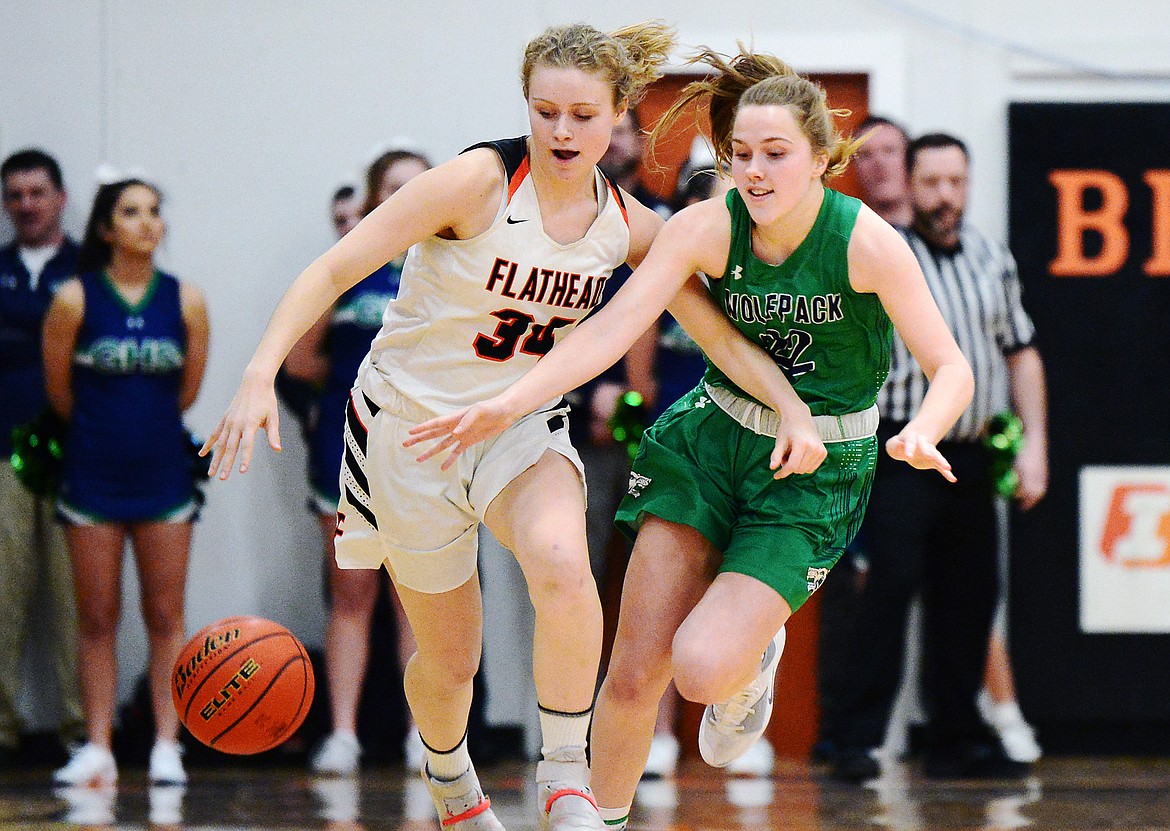 Flathead's Molly Winter (34) and Glacier's Ellie Keller (22) chase down a loose ball in the first half during a crosstown matchup at Flathead High School on Thursday. (Casey Kreider/Daily Inter Lake)