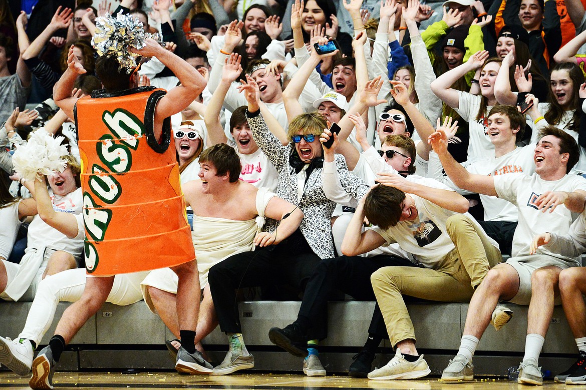 Flathead's student section cheers on the Bravettes during a break in play in a crosstown matchup against Glacier at Flathead High School on Thursday. (Casey Kreider/Daily Inter Lake)