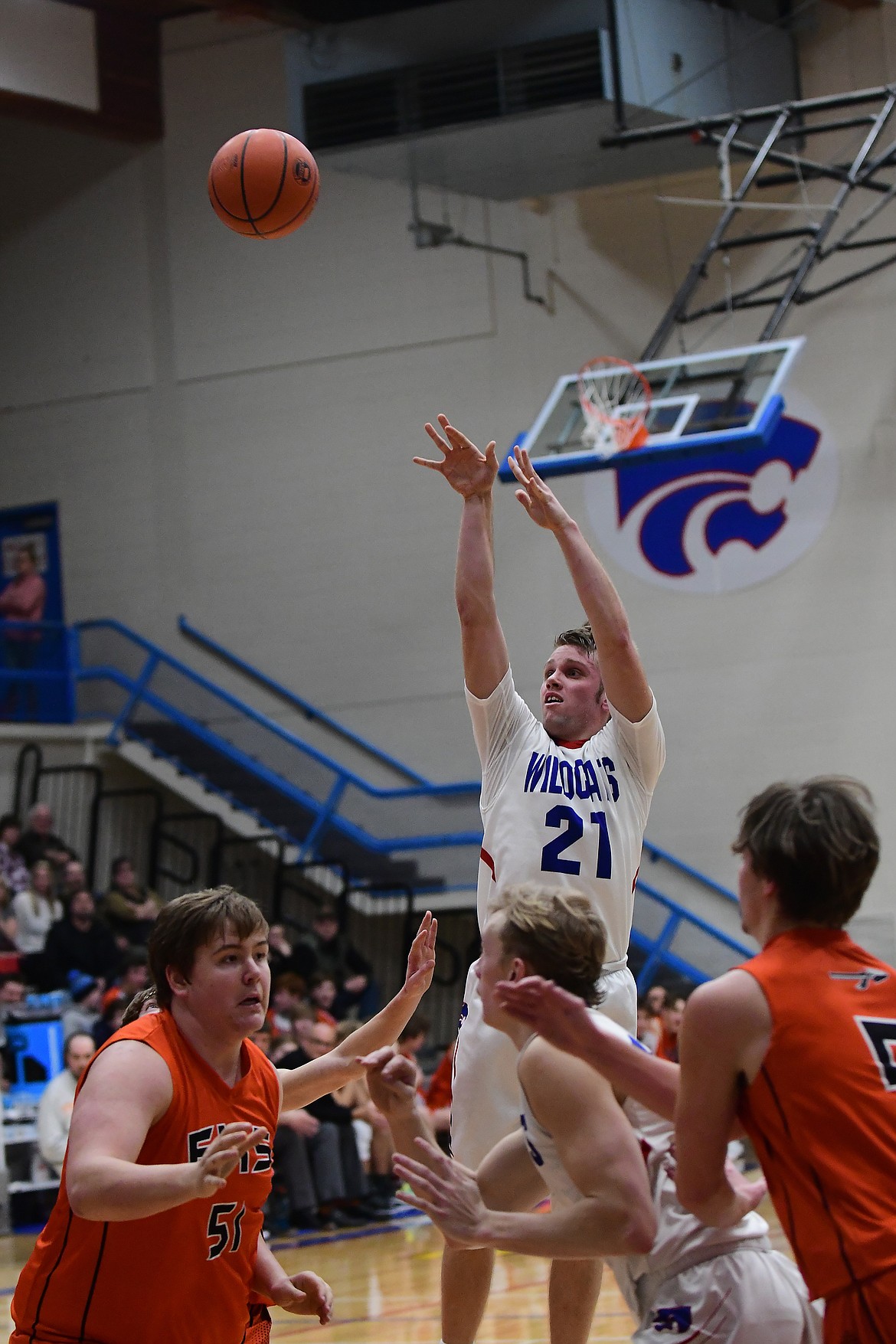 Danny Henjum (21) of Columbia Falls takes the shot in a game against Flathead on Monday night. (Teresa Byrd photo)