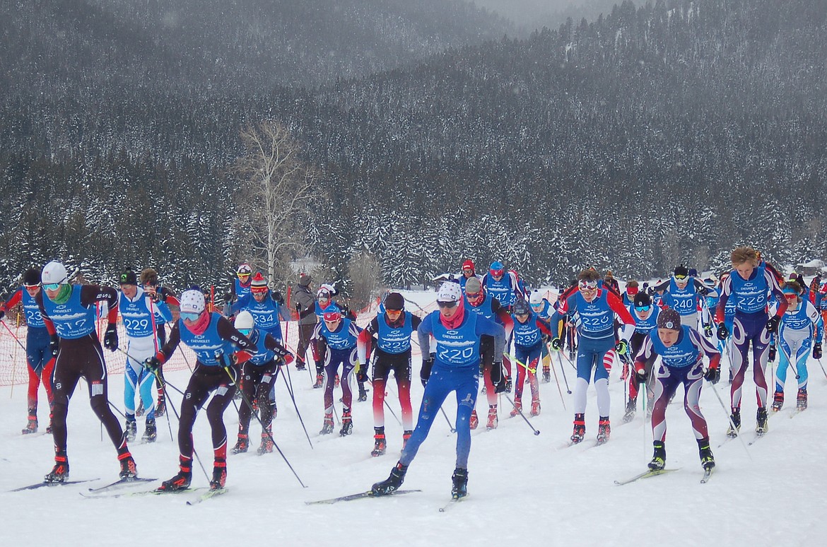 Whitefish&#146;s Ruedi Steiner and Jacob Henson, right, and Nate Ingelfinger, middle, in the mass start in Jackson, Wyoming, earlier this month. (Photo courtesy Rebecca Konieczny)