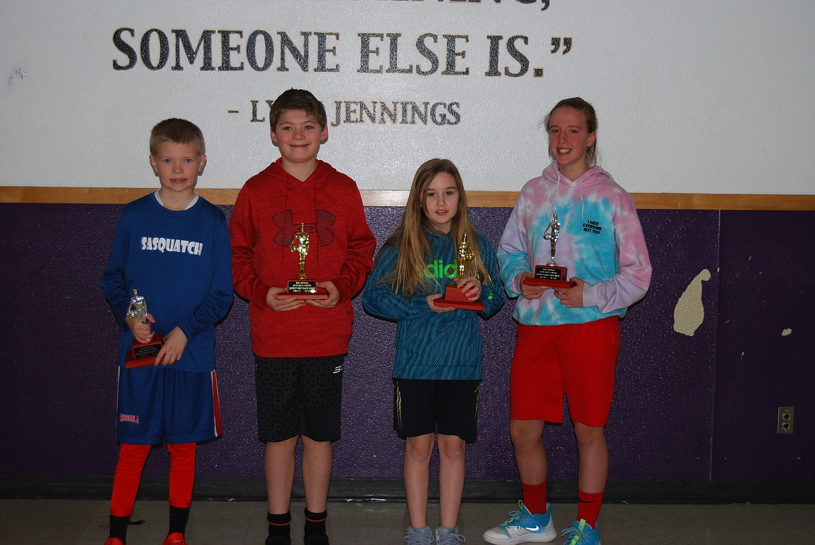 The 2020 Elks Hoop Shoot 10-11 year old trophy winners of the District shoot out held at Polson High School gym on Saturday, Jan. 11. Pictured left to right: Jensen Klimkiewicz (2nd), Missoula; Carson Toivonen (1st), Superior; Madison Pfister (1st), Plains; Alanis Peterson (2nd), Missoula.