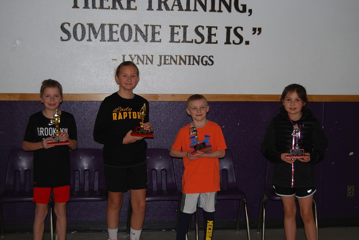 The 2020 Elks Hoop Shoot 8-9 year old trophy winners of the District shoot out held at Polson High School gym on Saturday, Jan. 11. Pictured left to right: Maxwell Milton (1st), Polson; Sophia Sheperd (1st), Missoula; Tristan Appelhans (2nd), Missoula; Brooklyn Hewankorn (2nd), Polson