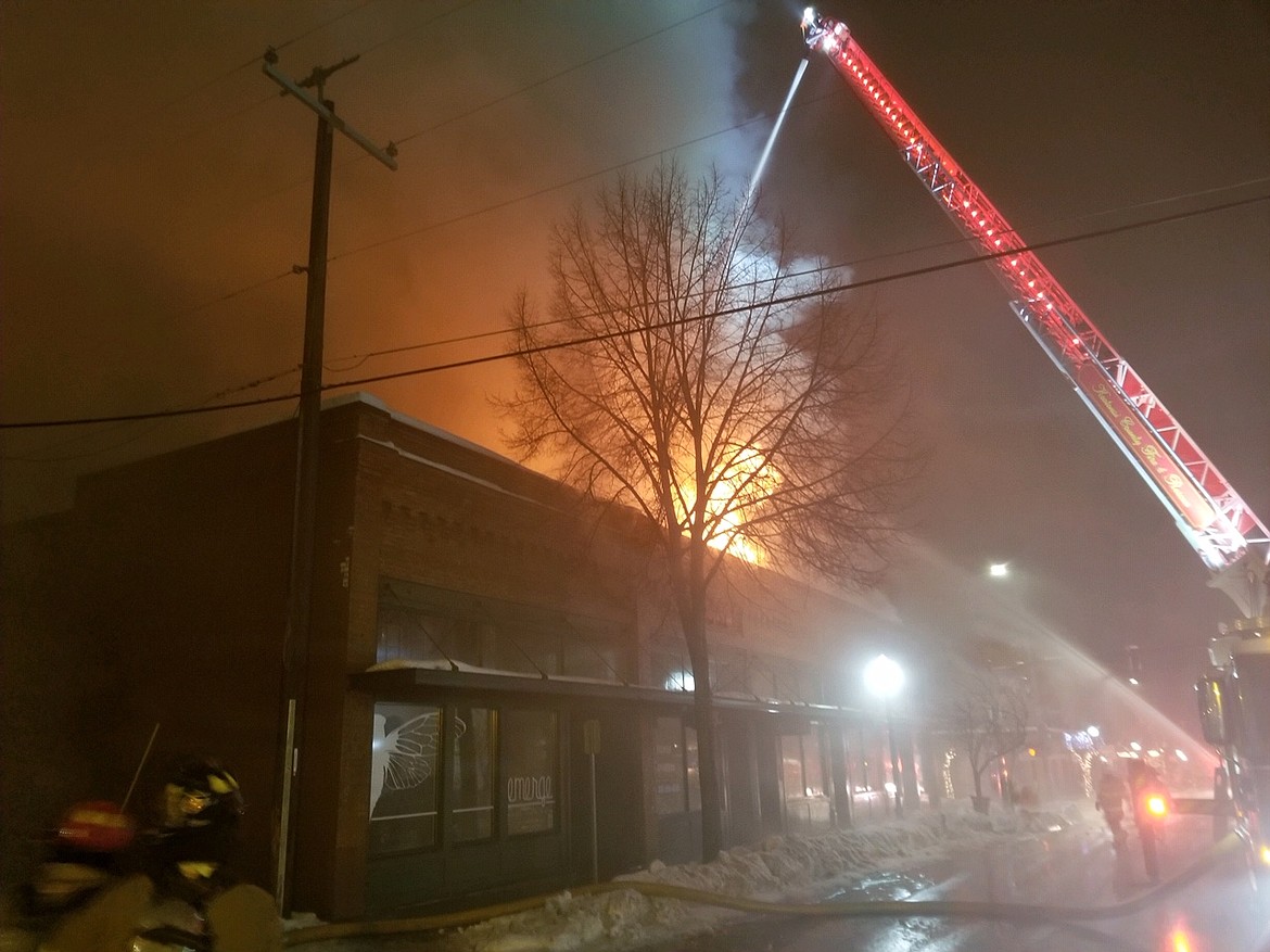 Five businesses on the 200 block of North Fourth, along Lakeside Avenue were destroyed in an early morning fire Monday, and the nonprofit Emerge gallery was heavily smoke damaged. Investigators will begin their detective work today to learn the cause of the fire that began near the roof of the small, business complex a block north of Sherman Avenue. (Photo courtesy of COEUR d&#146;ALENE FIRE DEPARTMENT)