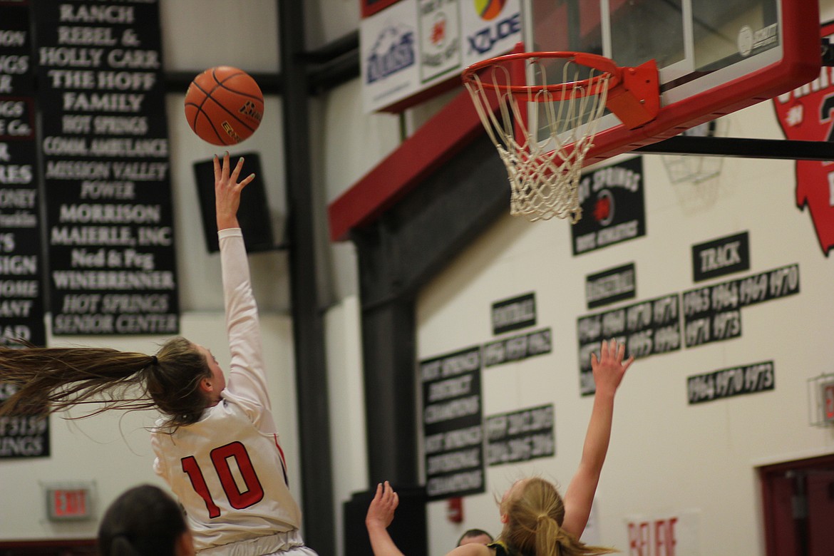 Hot Springs&#146; Katelyn Christensen scores two of her game-high 26 points against St. Regis in a 65-35 win. (Chuck Bandel/Valley Press)