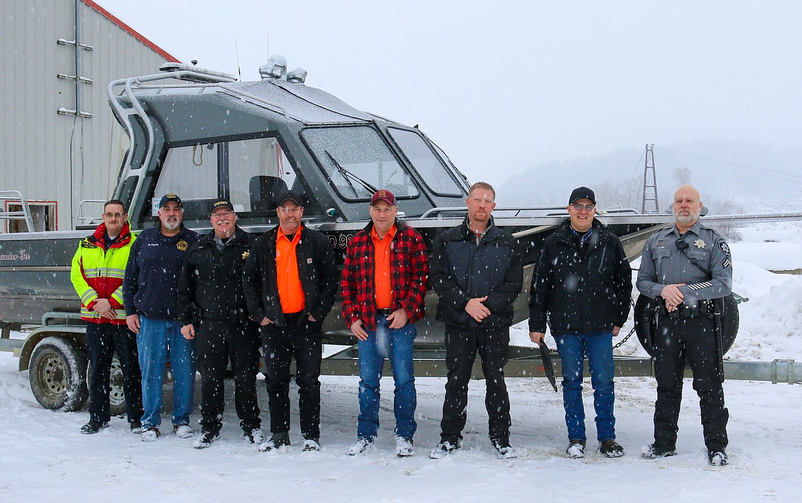 Photo by MANDI BATEMAN 
North Bench Fire Chief Gus Jackson, Paradise Valley Fire Chief Mike Glazier, Boundary County Sheriff Dave Kramer, BSDRT Director Levi Falck, BSDRT Vice Commander Pat Bennett, Boundary County Sheriff&#146;s Detective Caleb Watts, BSDRT member and BNSF employee Adam Reeves, and Boundary County Sheriff&#146;s Corporal Clint Randall.