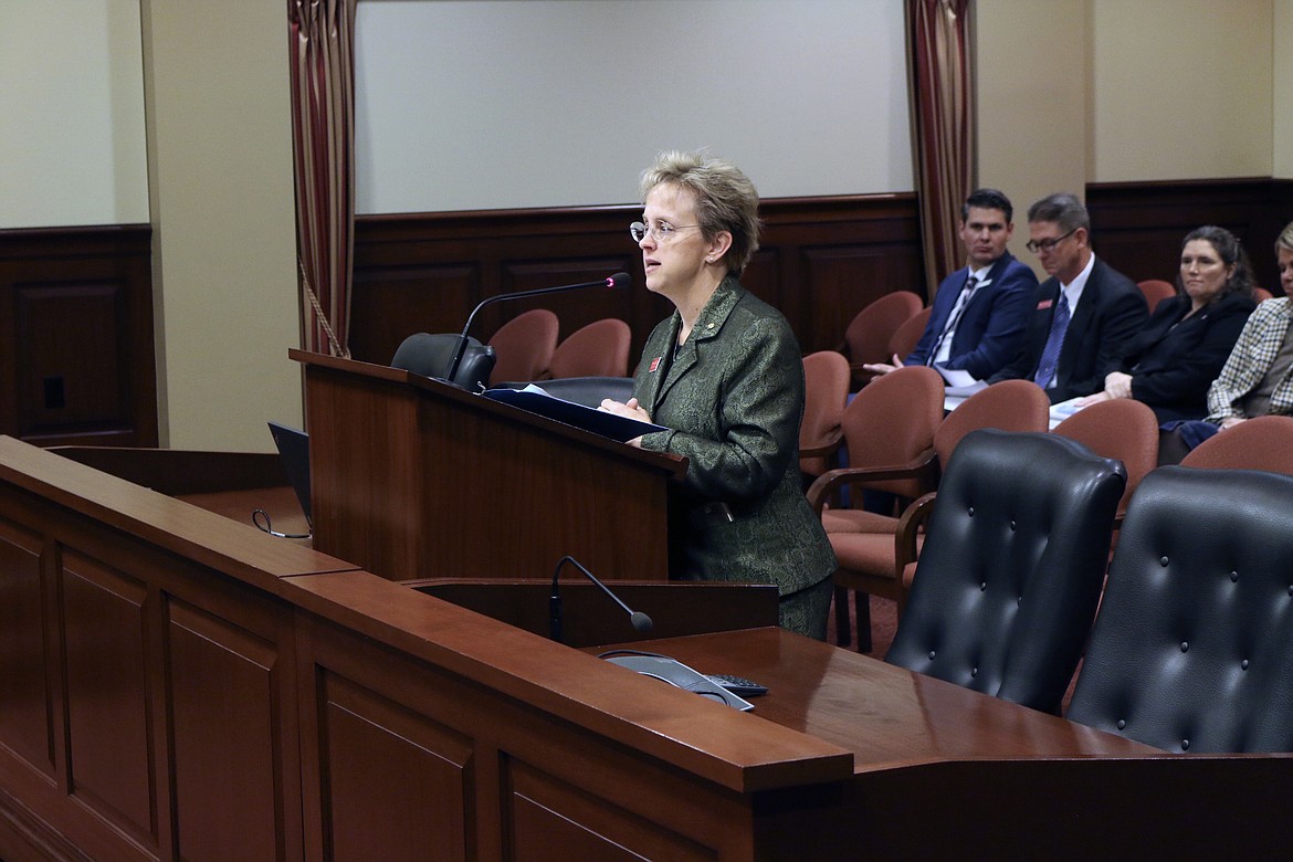 Former Idaho Sen. Shawn Keough speaks before the Idaho Senate Education Committee  about her appointment to the State Board of Education. Keough appeared before the committee on Thursday.

(Photo by 
LOGAN FINNEY)