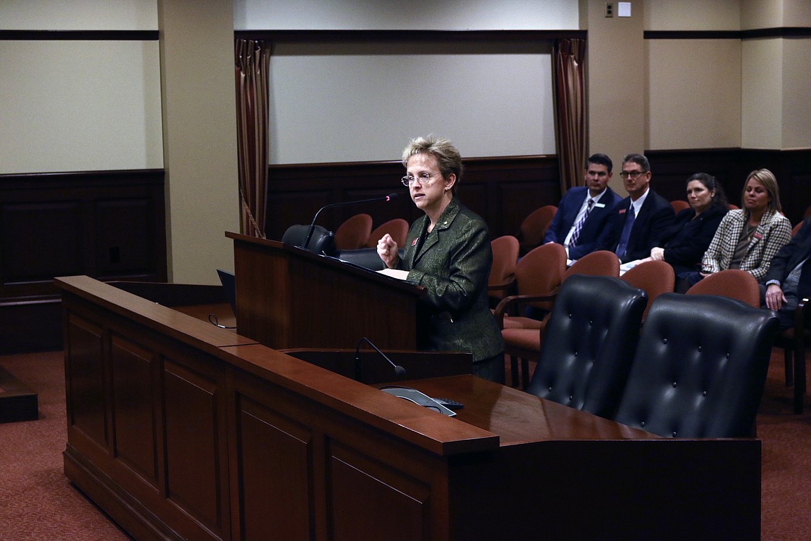 (Photo by LOGAN FINNEY)Former Idaho Sen. Shawn Keough speaks before the Idaho Senate Education Committee  about her appointment to the State Board of Education. Keough appeared before the committee on Thursday.