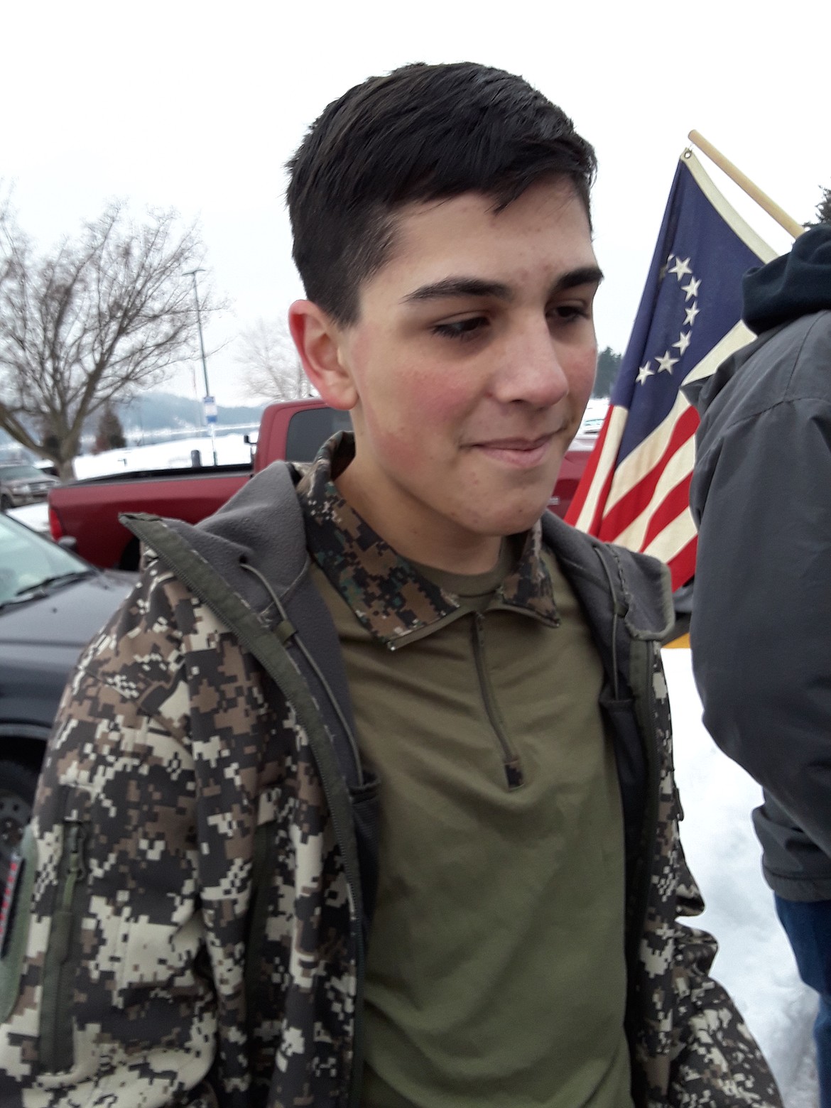 14-year-old Evan Anderson of Dalton Gardens said he attended Monday's roadside gathering because he is a firm believer in the 2nd Amendment. (CRAIG NORTHRUP/Press)