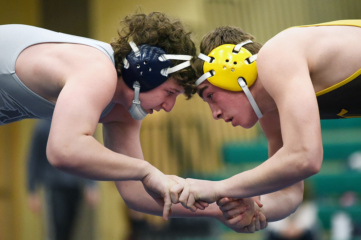 Glacier's Kael Willis wrestles Helena Capital's Tucker Zanto at 170 lbs. at Glacier High School on Thursday. Willis won by pin. (Casey Kreider/Daily Inter Lake)