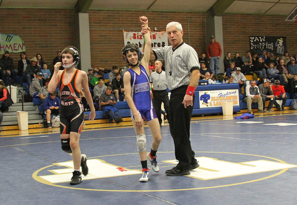 Mission-Charlo Bulldog wrestler Kody Dillard (103) revels in his first match win of the season at the 2020 Ted Kato Memorial. (Photo courtesy of Daisy Adams)