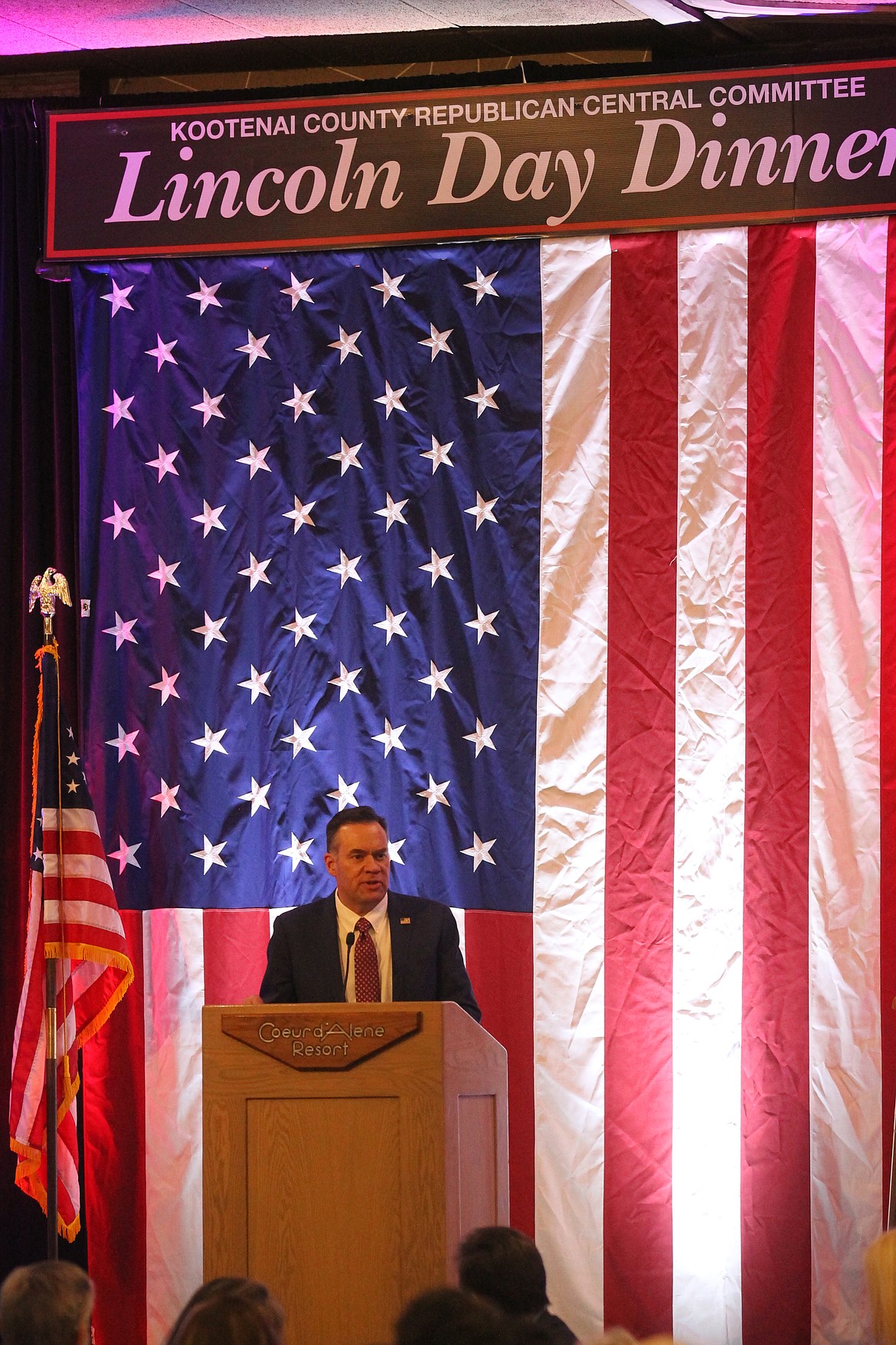 CRAIG NORTHRUP/Press 
U.S. Representative Russ Fulcher speaks at Saturday&#146;s Lincoln Day Dinner at The Coeur d&#146;Alene Resort.

poke of both America&#146;s successes during the Trump Administration and what he considers the Democrats&#146; socialist agenda. &#147;These are not your grandparents&#146; Democrats that I serve with,&#148; he warned. &#147;...When we&#146;re in committee hearings &#151; when we&#146;re behind closed doors &#151; we often don&#146;t just talk about difference[s] in tax rates. Often times, they&#146;ll want to bring up the debate of why the private sector is there at all. There is a significant percentage of the people I serve with who have bought in to the socialism lie. That&#146;s where we are right now.&#148;