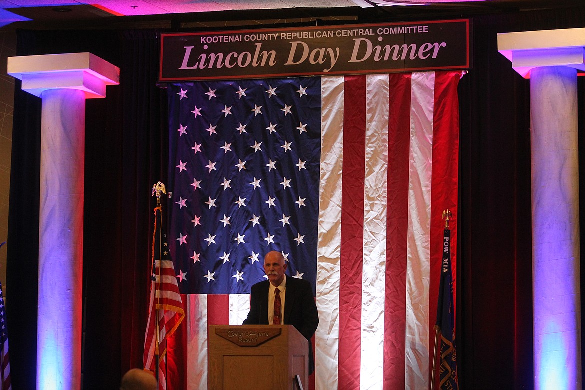 Brent Regan, chair of the Kootenai County Republican Central Committee, jokes about at Saturday's Lincoln Day Dinner how he once bet a yearly subscription with a reporter at the Coeur d'Alene Press that Donald Trump would politically survive all four years of his presidential term. &quot;'Okay,'&quot; Regan recalled, &quot;'but what does the winner get?'&quot; The reporter covering the evening festivities was removed from the room later that evening. (CRAIG NORTHRUP/Press)