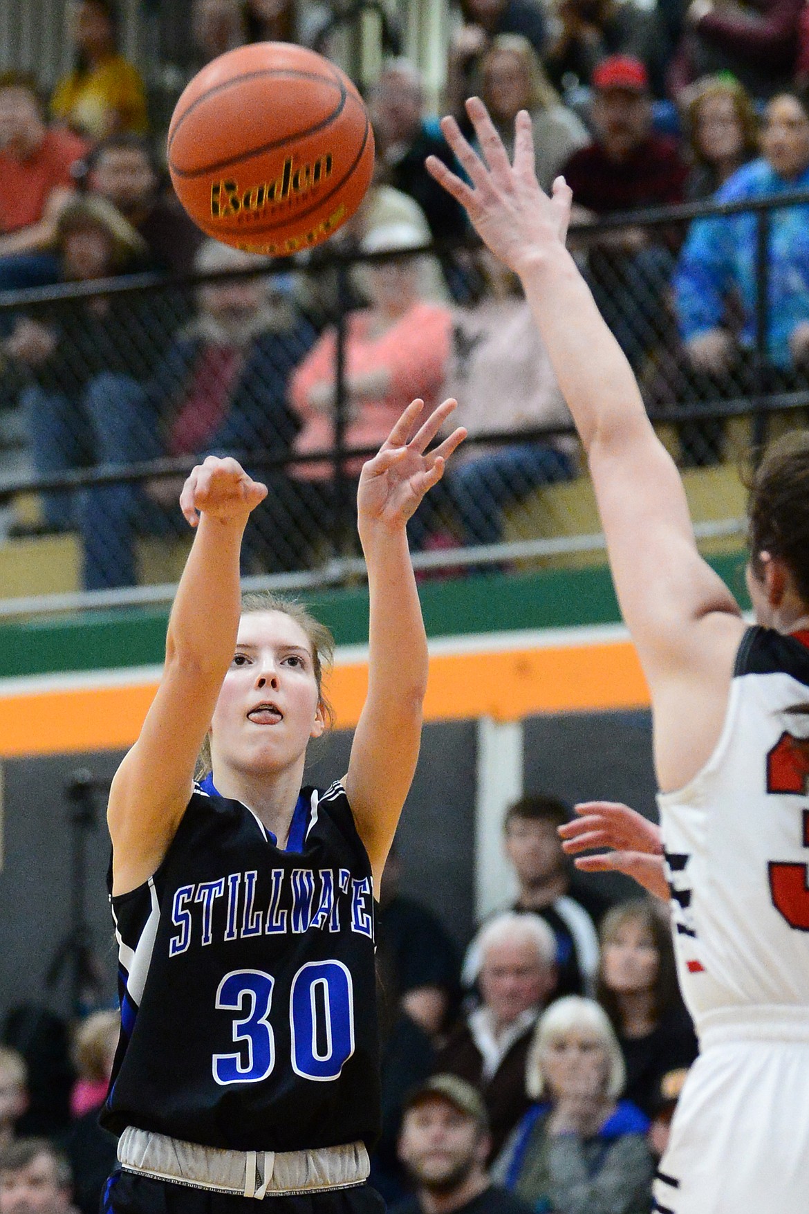 Stillwater Christian's Sophia Sulzbacher (30) looks to shoot against Flathead Valley Home School at Kalispell Middle School on Saturday. (Casey Kreider/Daily Inter Lake)