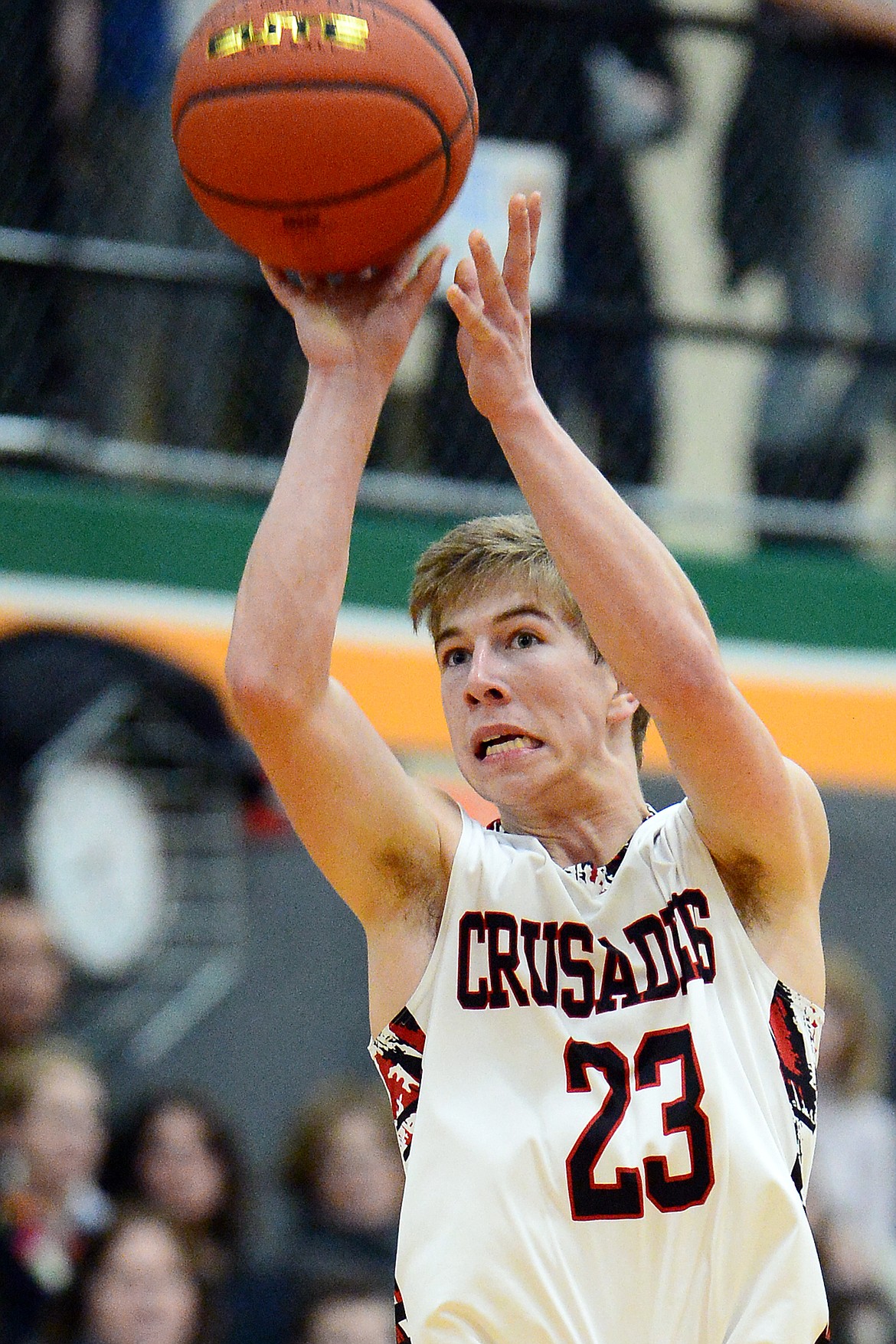 Flathead Valley Home School's Jordan Wininger (23) gets an open look at a three-pointer against Stillwater Christian at Kalispell Middle School on Saturday. (Casey Kreider/Daily Inter Lake)