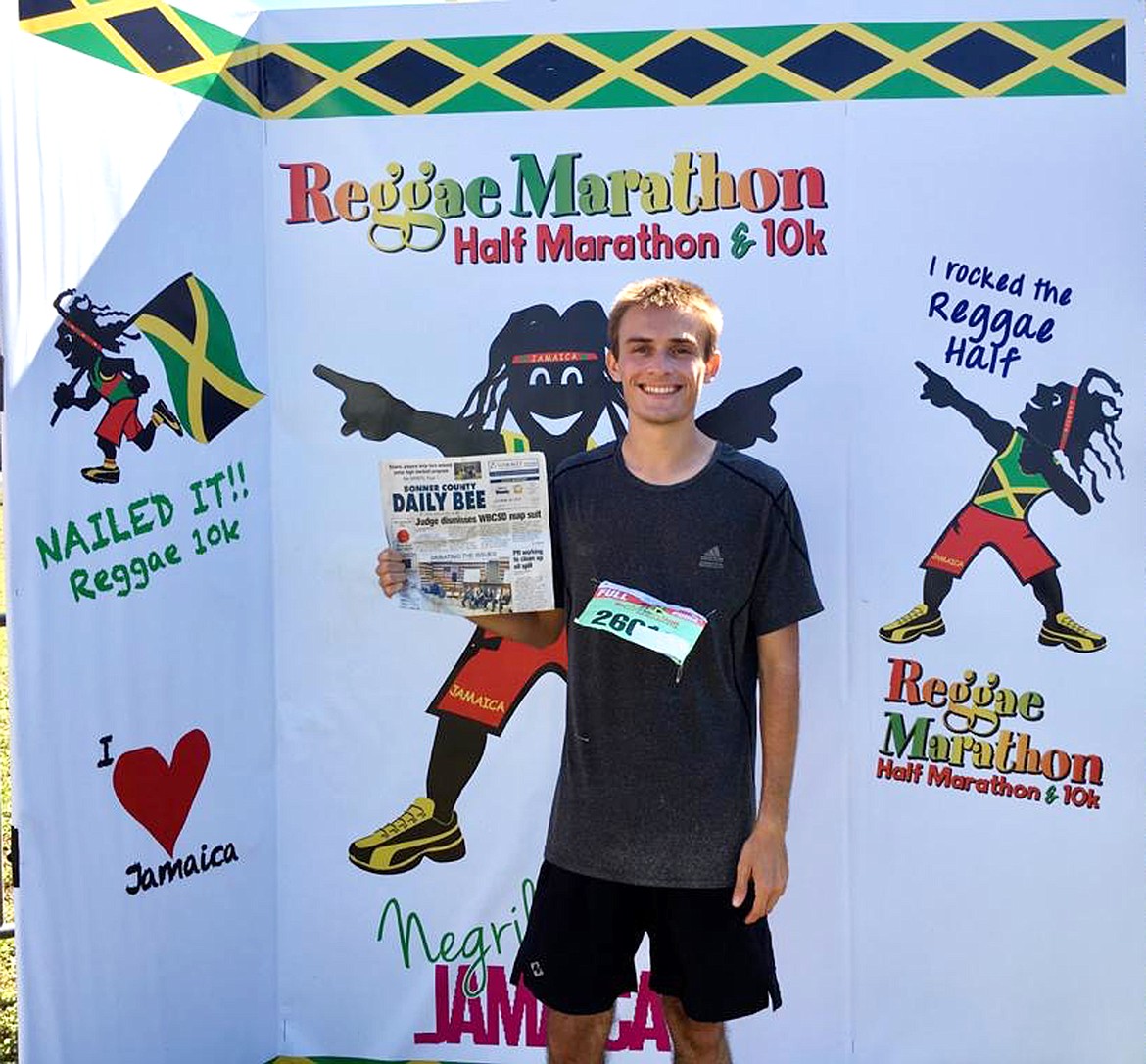 (Courtesy photo)
Dylan Potter, a Sandpoint High and University of Idaho grad, ran the Reggae Marathon in Negril, Jamaica, in December 2019.  &#147;Of course, he &#145;Brought the Bee,&#146; writes Kathleen Mulroy, who passed along the photo. &#147; &#147;Dylan is serving in the Peace Corps in Jamaica as an environment volunteer, along with his wife, Haven Davis-Martinez, also a Sandpoint High and U of I grad, who is an education volunteer.&#148; If you have an original picture that you took that you would like to see run as a Best Shot or I Took The Bee send it in to the Bonner County Daily Bee, P.O. Box 159, Sandpoint, Idaho, 83864; or drop them off at 310 Church St., Sandpoint. You may also email your pictures in to the Bonner County Daily Bee along with your name, caption information, hometown and phone number to bcdailybee@bonnercountydailybee.com.