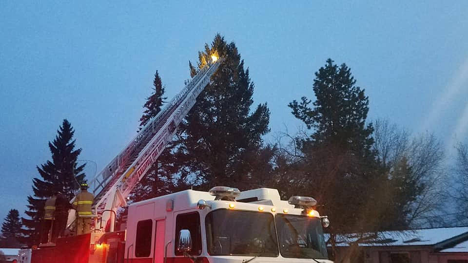Kari Gabriel and Kalispell Fire Department’s Brandon French climb the fire truck ladder to retrieve Hawkeye, who had escaped after his enclosure was overturned Saturday during a wind storm.