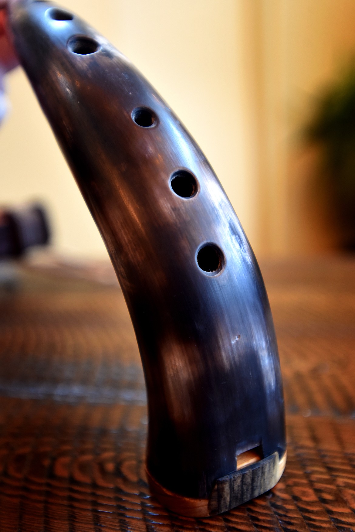 The artistic vision of Niko Keys is not limited to wooden flutes. This piece is made from locally sourced cow horn.