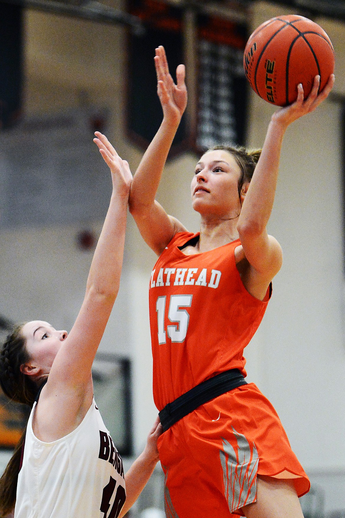 Flathead's Clare Converse (15) looks to shoot against Helena High at Flathead High School on Saturday. (Casey Kreider/Daily Inter Lake)