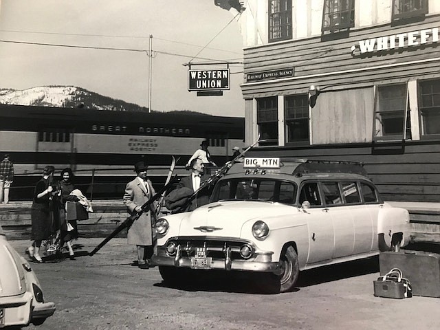 The original &#147;Ski Limo&#148; sits outside the Whitefish Depot in the 1950s. (Photo courtesy Braig family)